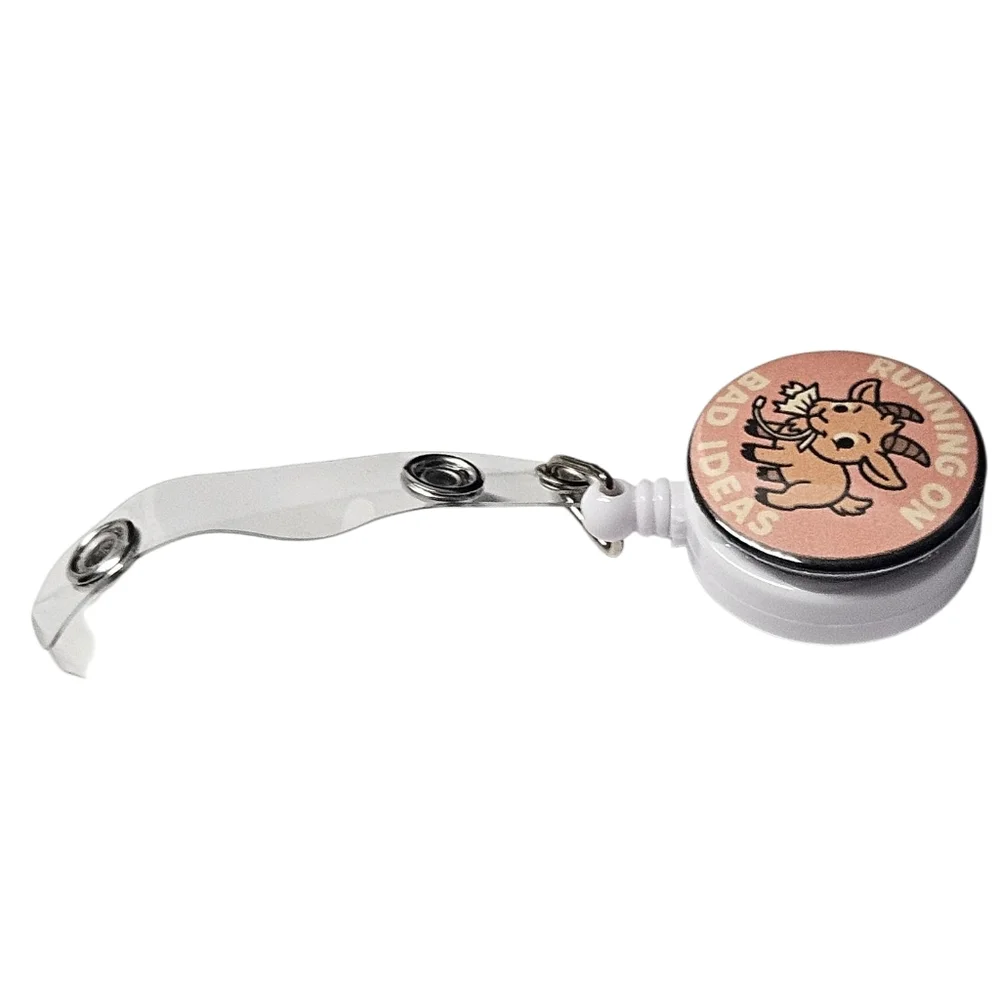 Handmade Funny Badge Reel – “Running on Bad Ideas” Goat Design